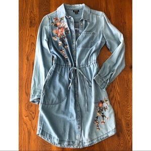 Drawstring Embroidered Denim Tunic Dress